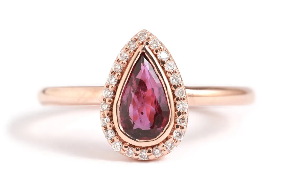 Ruby Teardrop Ring with Diamond Halo