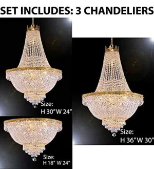 Set of 3-1 French Empire Crystal Chandelier Lighting H36 X W30 & 1 French Empire Crystal Chandelier Lighting H30 X W24 and French Empire Crystal Semi Flush Chandelier Chandeliers Lighting H18 X W24 - 1EA 870/14   1EA 870/9   1EA FLUSH/870/9