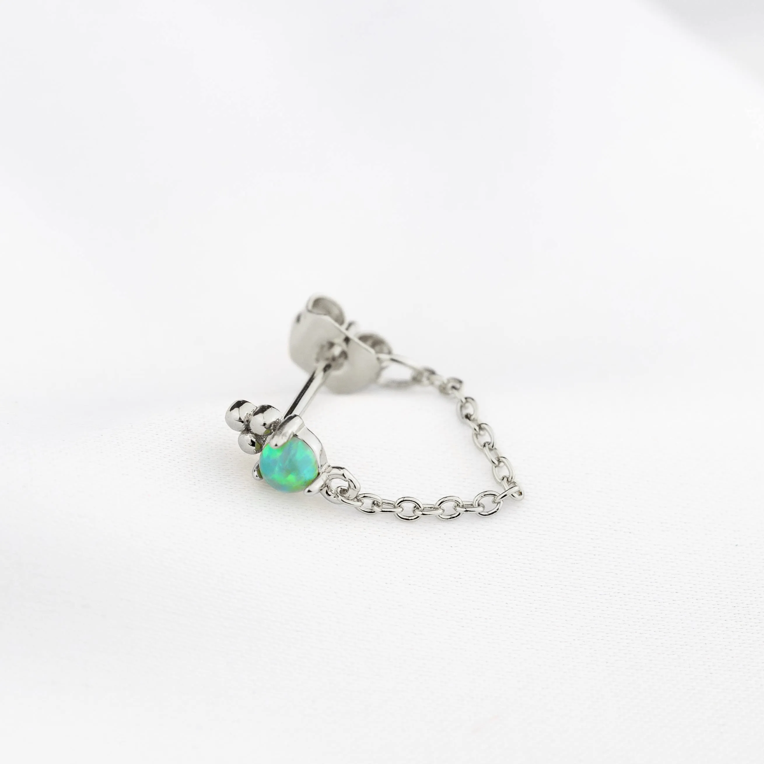 Silver Soft Bohemian Green Delicate Opal Chain Earpin