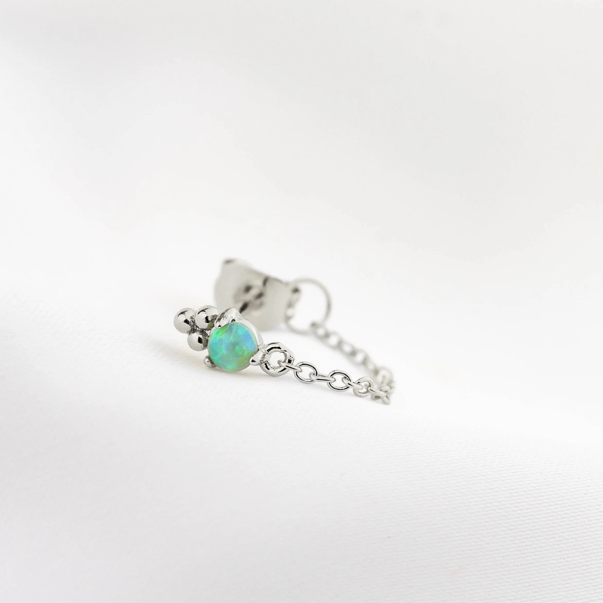 Silver Soft Bohemian Green Delicate Opal Chain Earpin