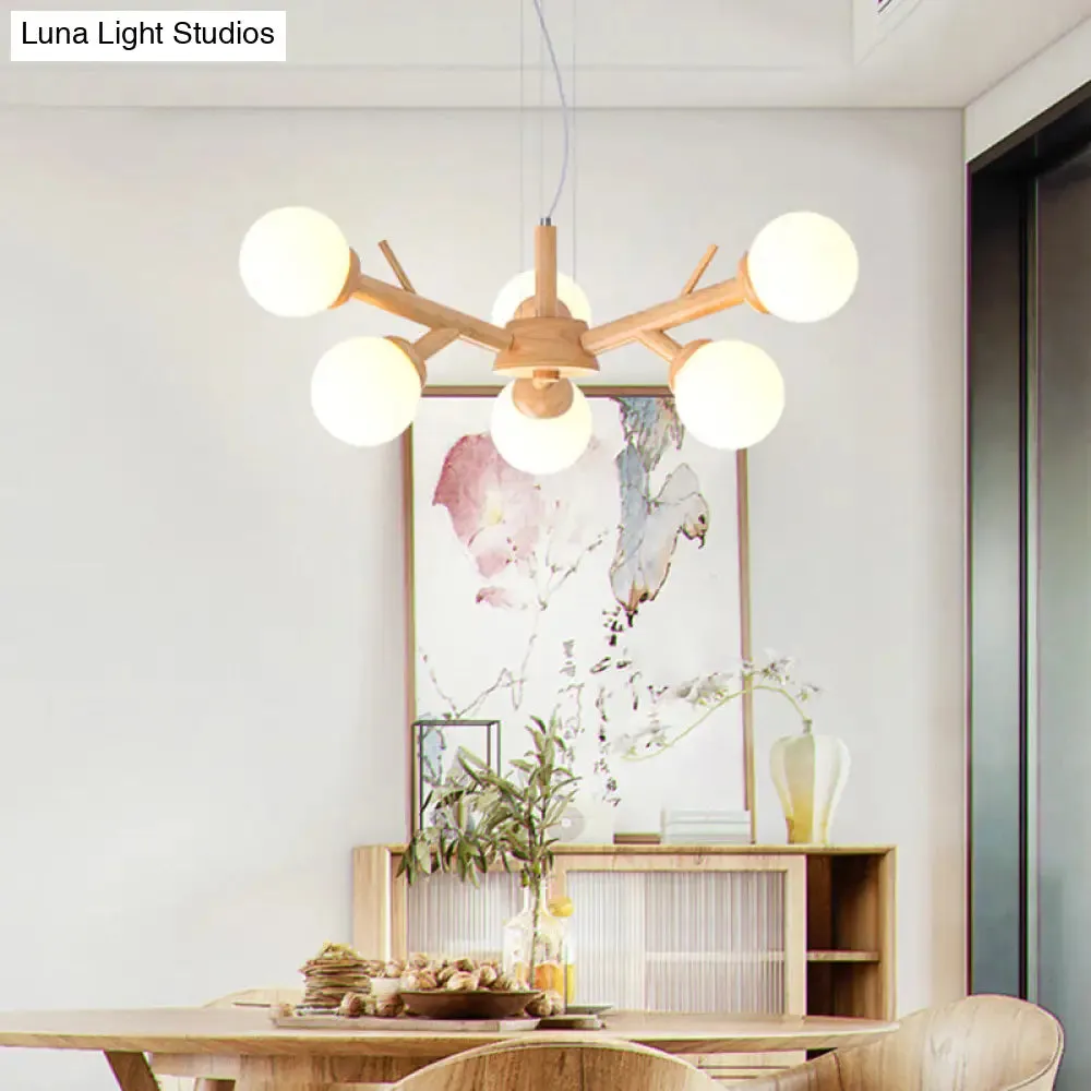 Simplicity Chandelier Light Fixture with Frosted Glass Shade - Wood Branch Ceiling Lighting