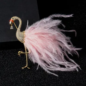 Sparkling Flamingo Zircon Feather Brooch