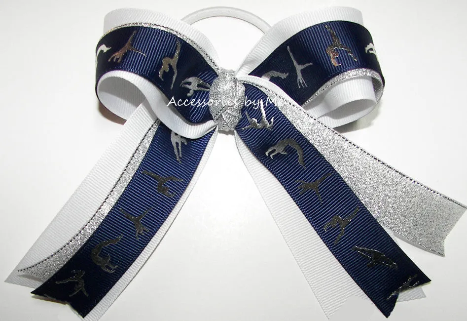 Sparkly Gymnastics Navy White Silver Ponytail Bow