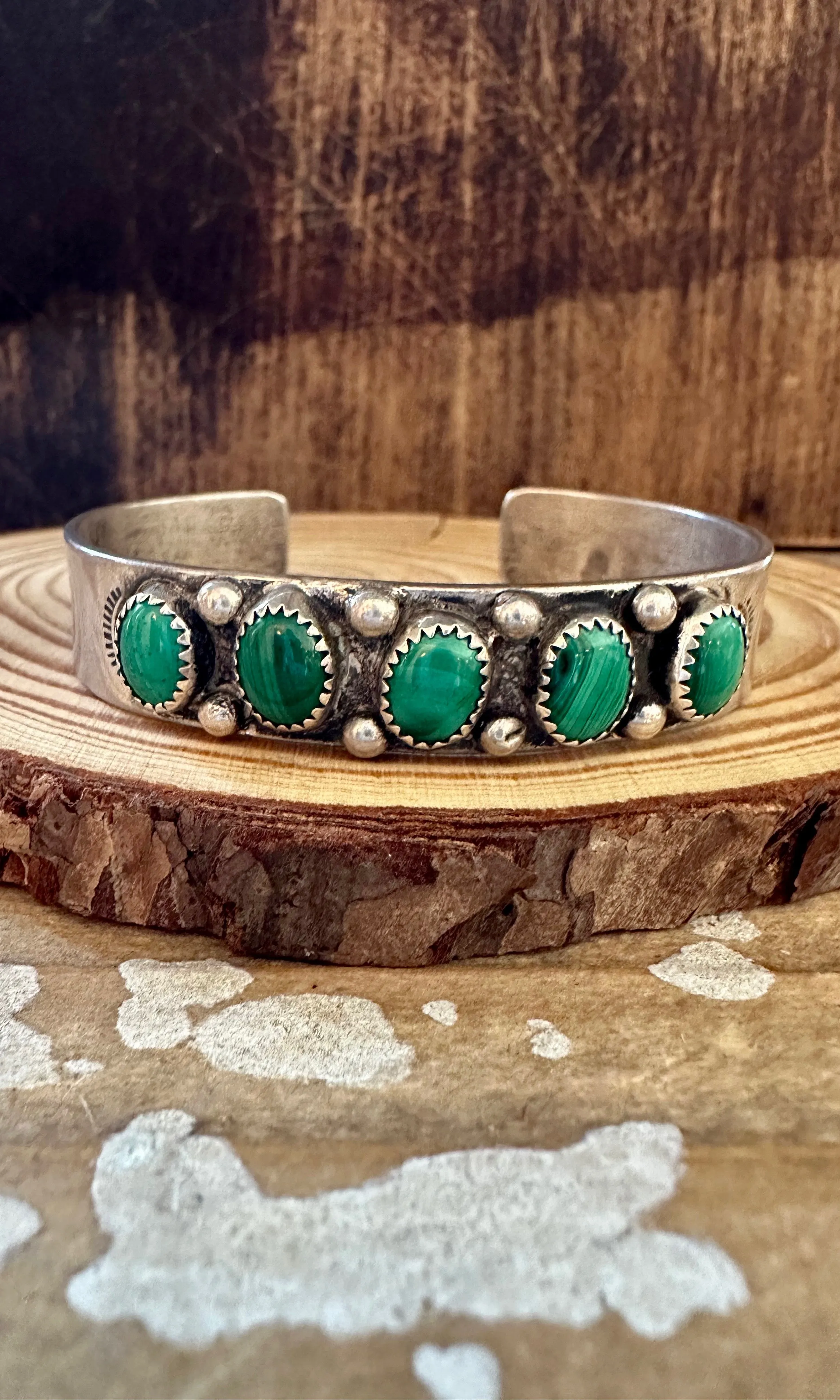 STONE OF TRANSFORMATION  50s 60s Navajo Malachite & Silver Cuff