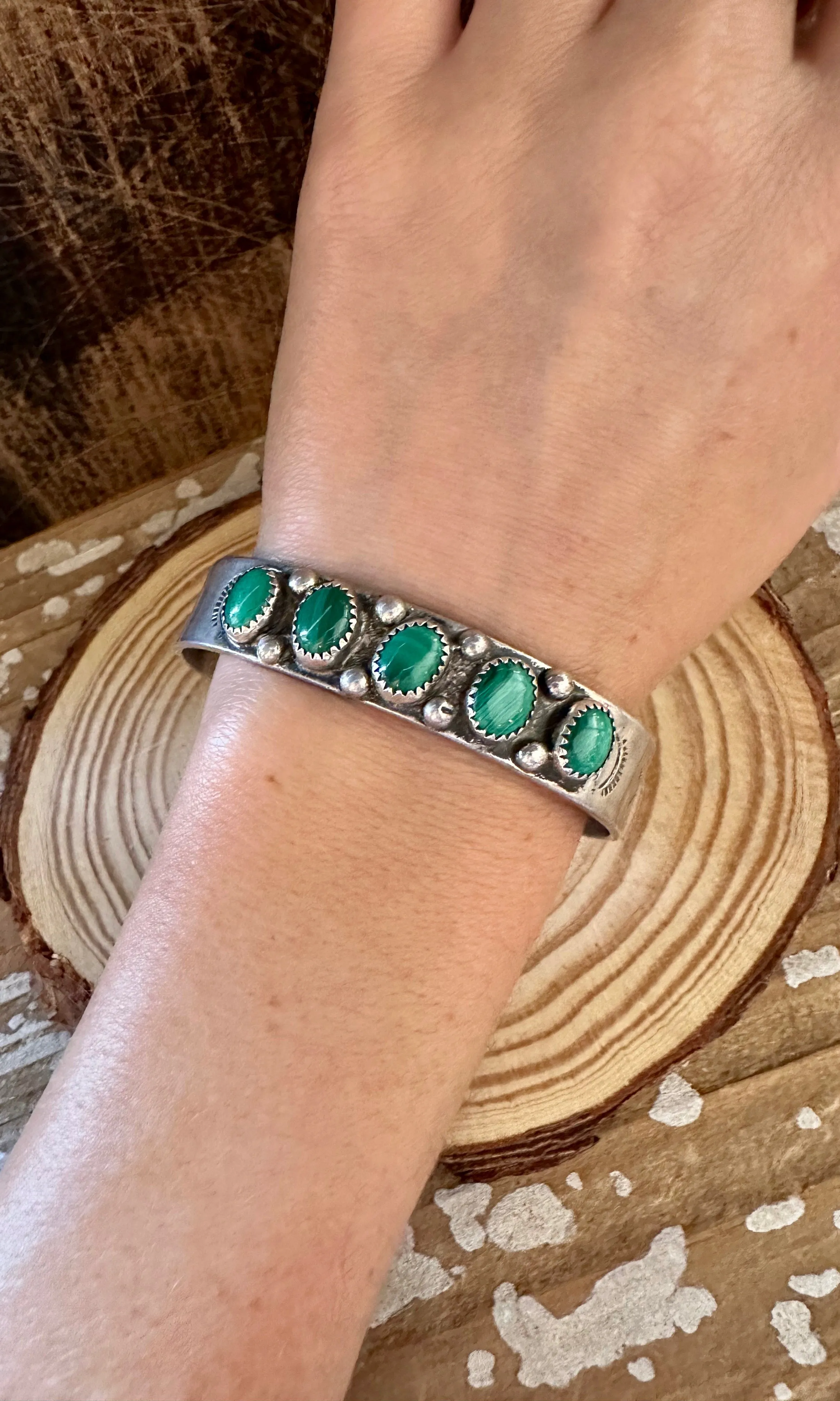 STONE OF TRANSFORMATION  50s 60s Navajo Malachite & Silver Cuff