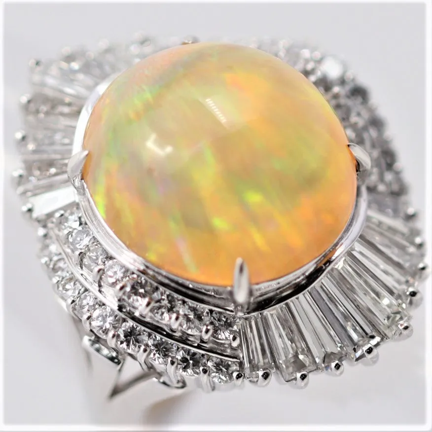 Superb Mexican Fire Opal Diamond Platinum Cocktail Ring