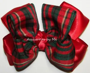 Tartan Plaid Green Red Satin Hair Bow