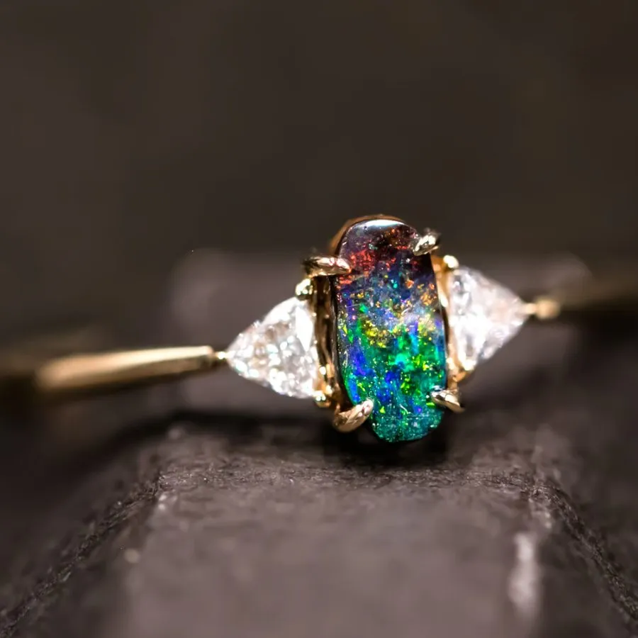 Three Stone Boulder Opal Trillion Diamond Engagement Ring 18K Yellow Gold