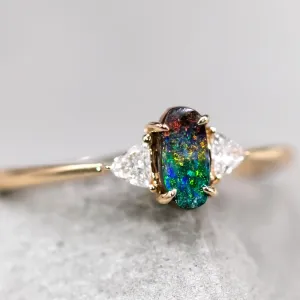 Three Stone Boulder Opal Trillion Diamond Engagement Ring 18K Yellow Gold