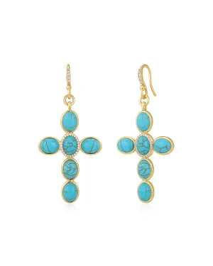 Turquoise Cross Earrings- Gold