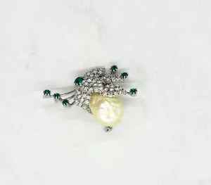 Vintage Baroque Pearl and Green Rhinestone Brooch