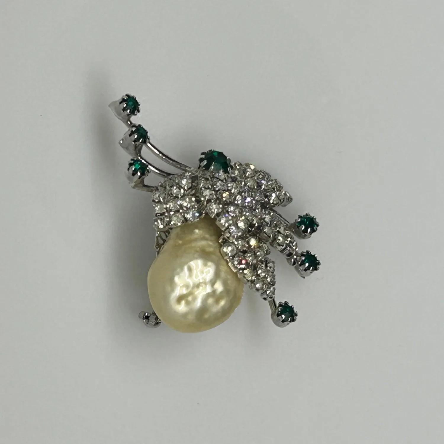 Vintage Baroque Pearl and Green Rhinestone Brooch