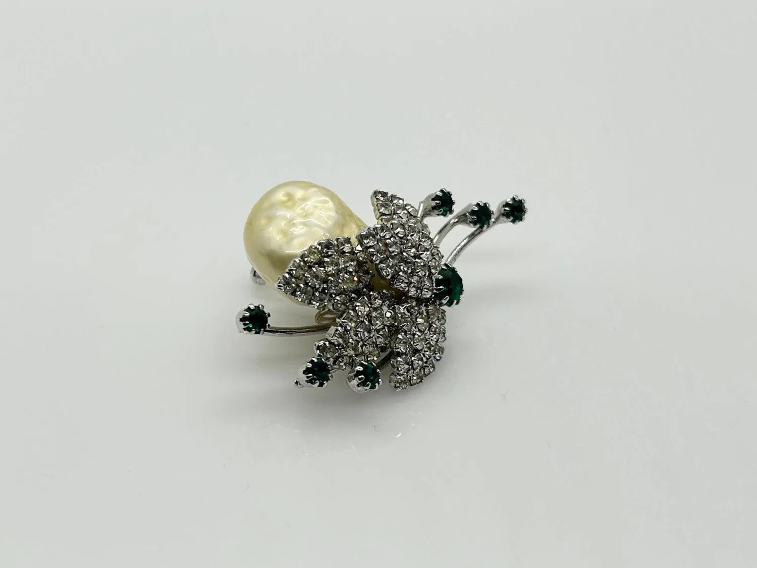 Vintage Baroque Pearl and Green Rhinestone Brooch