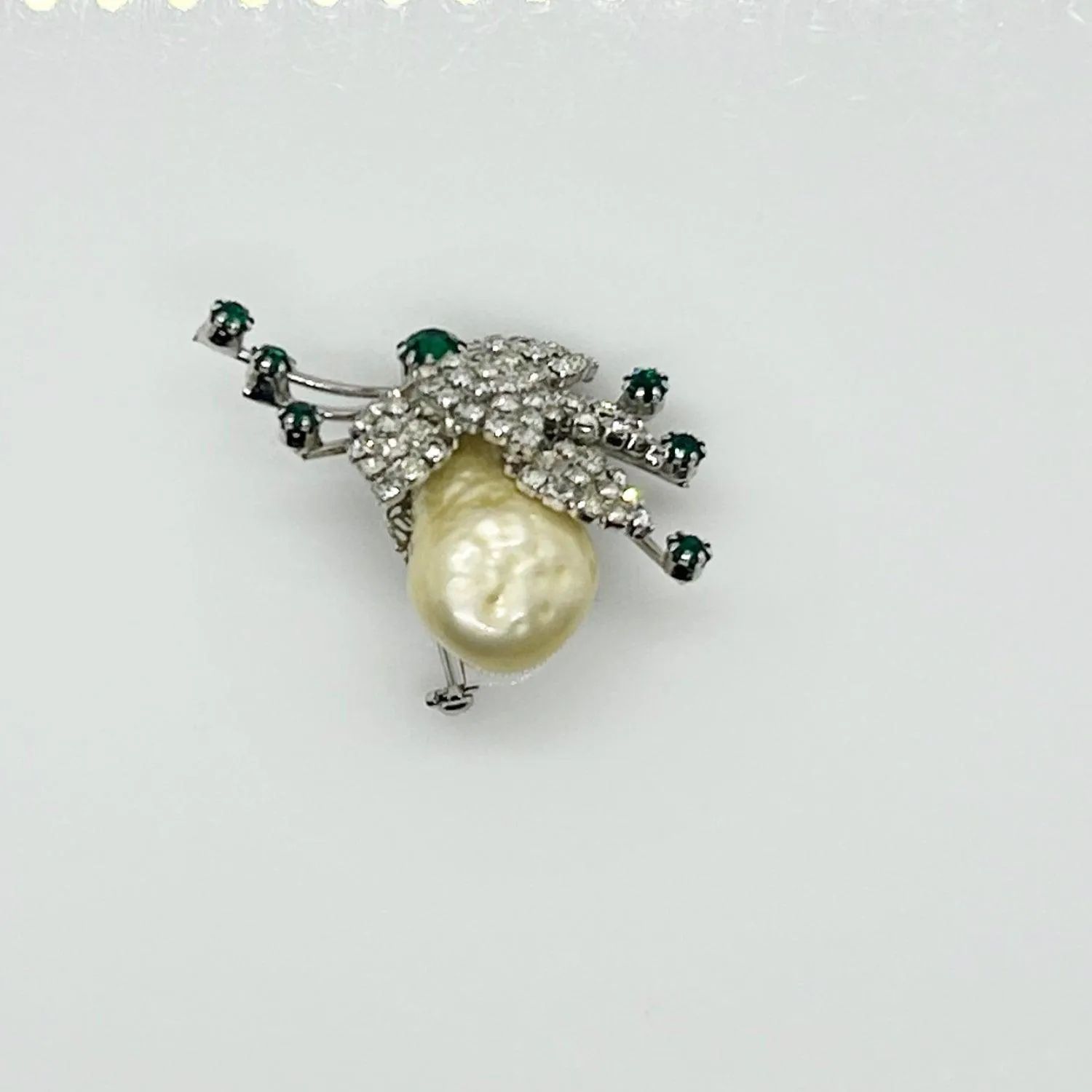 Vintage Baroque Pearl and Green Rhinestone Brooch