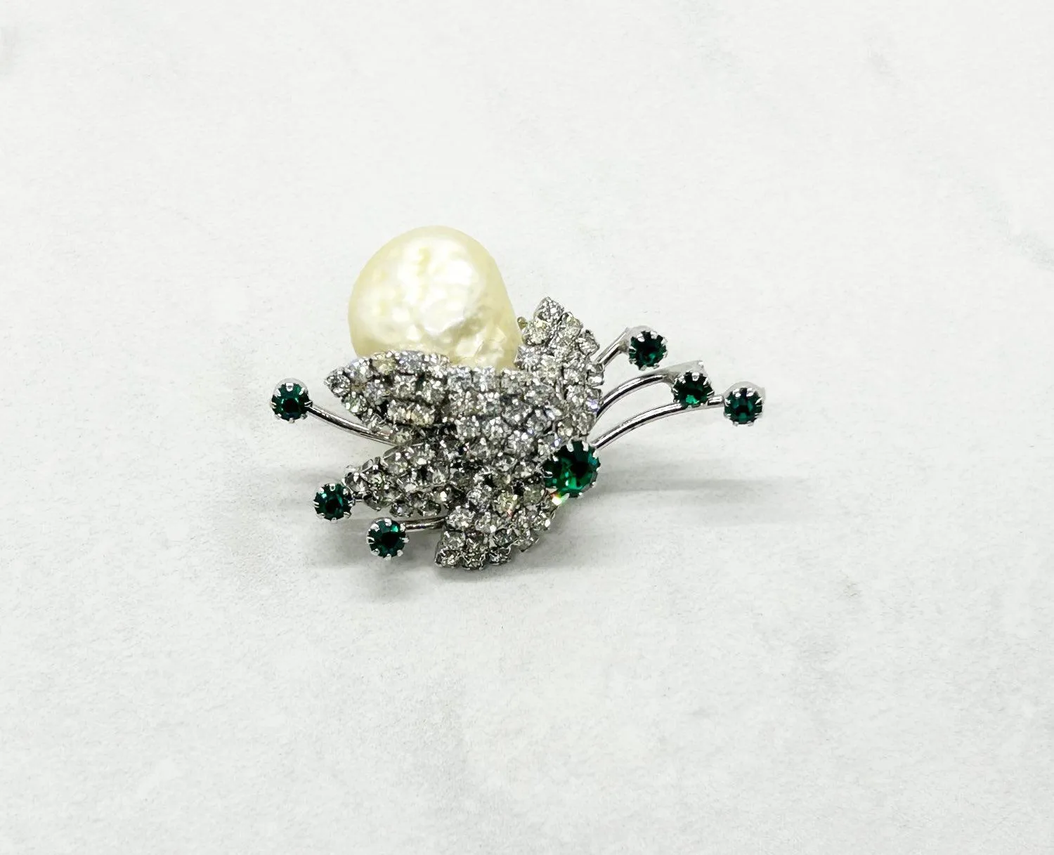 Vintage Baroque Pearl and Green Rhinestone Brooch