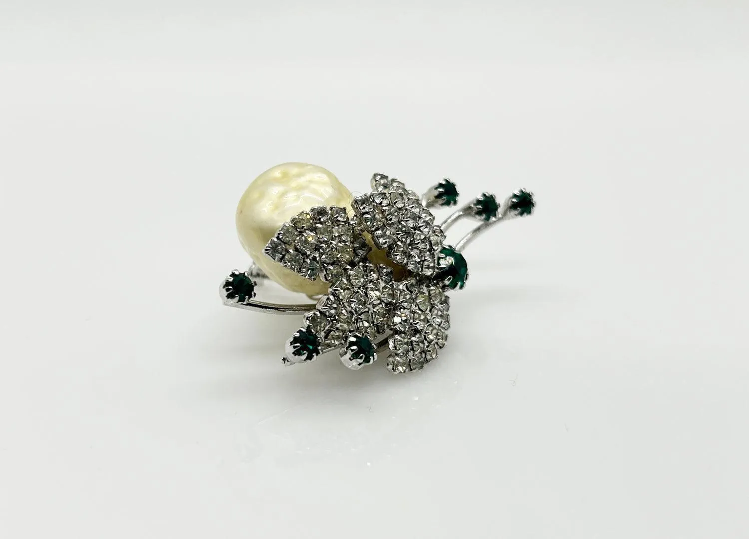 Vintage Baroque Pearl and Green Rhinestone Brooch