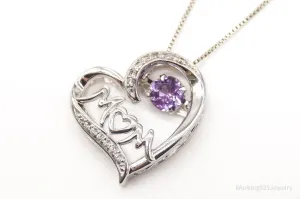 Vintage Designer SAI Amethyst Diamond Heart "Mom" Sterling Silver Necklace