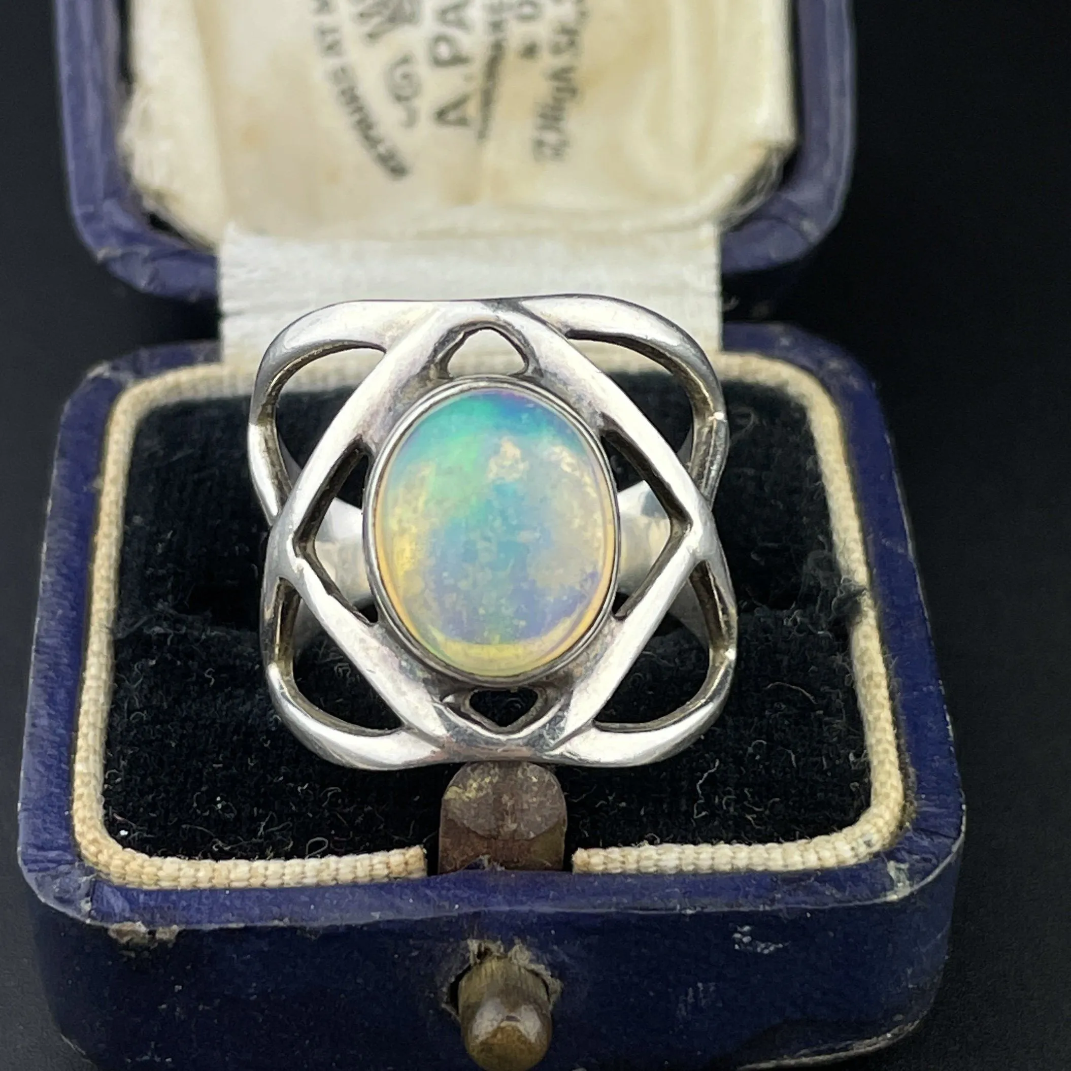 Vintage Fire Jelly Opal Cabochon Silver Infinity Band Ring