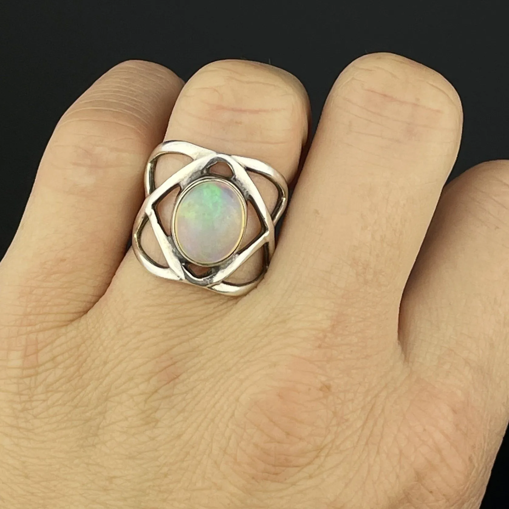 Vintage Fire Jelly Opal Cabochon Silver Infinity Band Ring