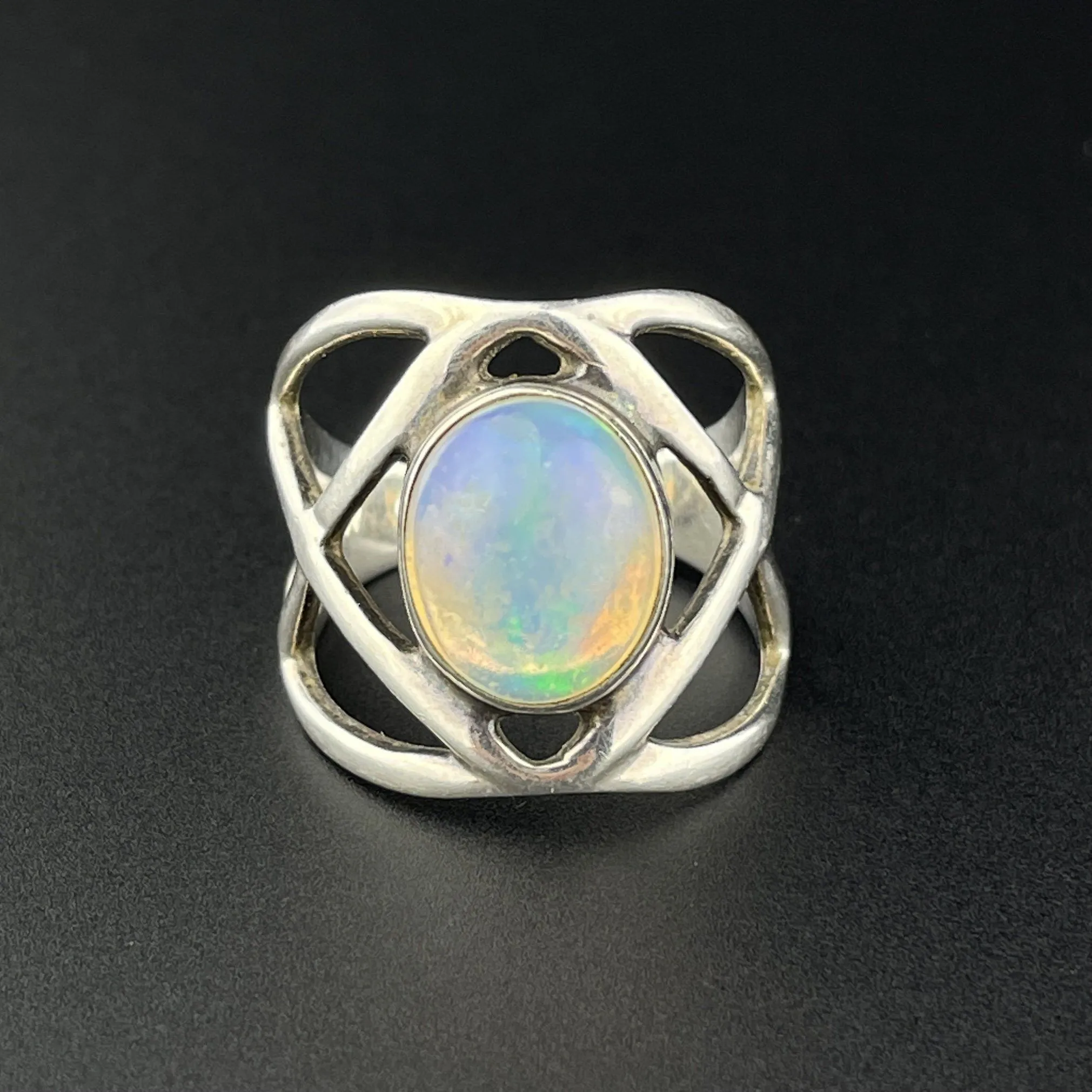 Vintage Fire Jelly Opal Cabochon Silver Infinity Band Ring