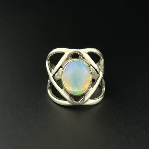 Vintage Fire Jelly Opal Cabochon Silver Infinity Band Ring