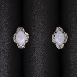 VINTAGE OPAL DIAMOND STUD EARRINGS 14k WHITE GOLD SCALLOPED HALO NATURAL OVAL