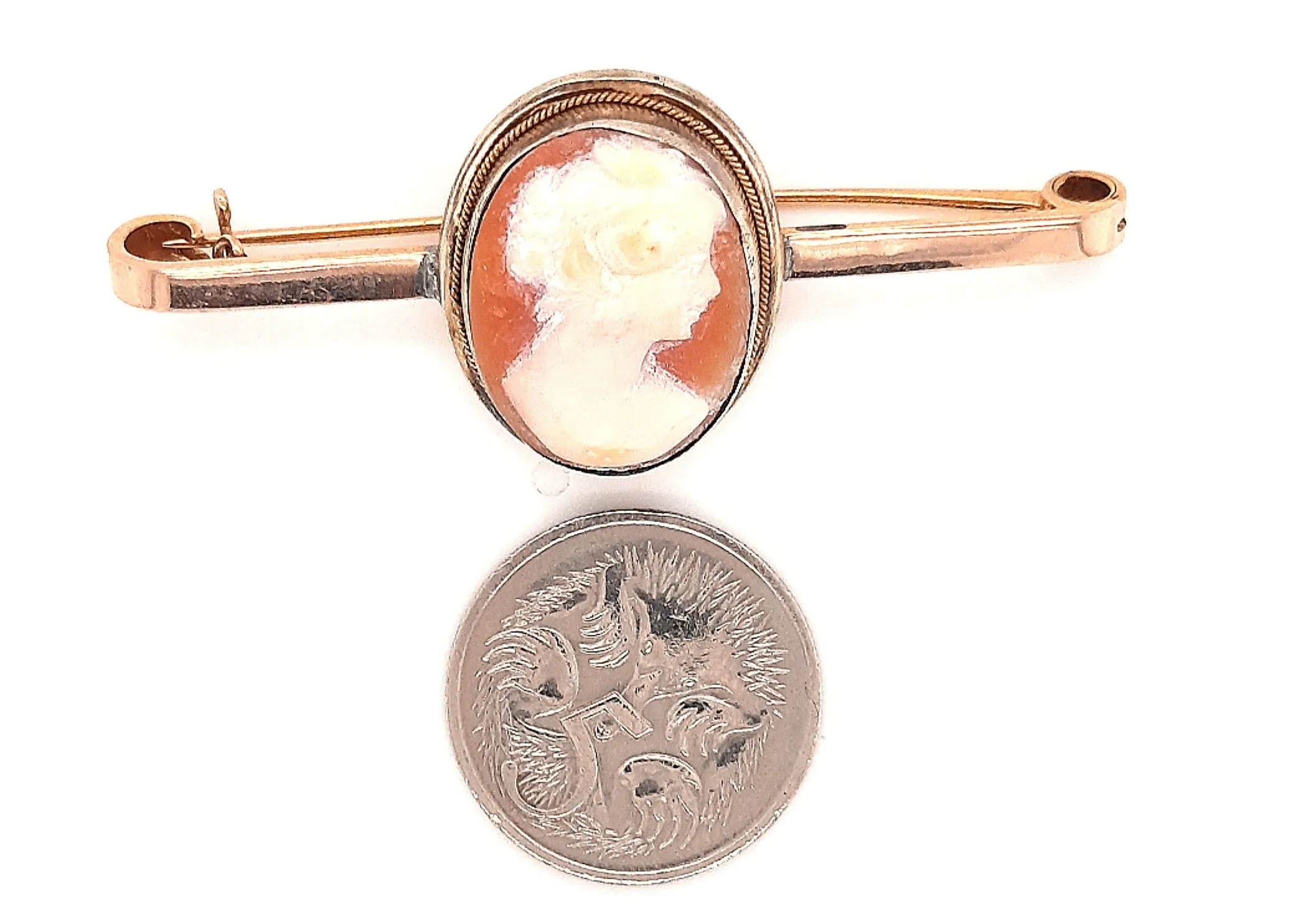 Vintage Portrait Cameo & Rolled Gold Bar Brooch