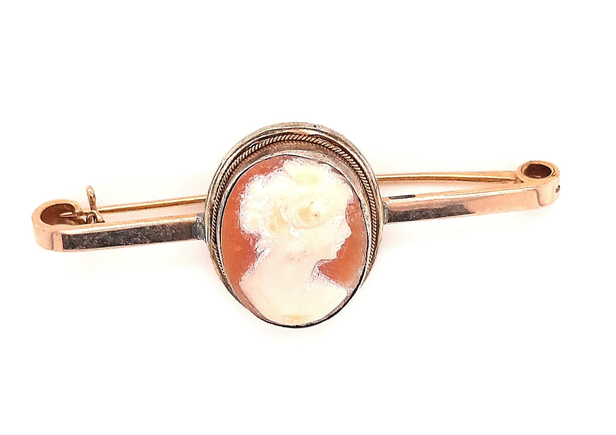 Vintage Portrait Cameo & Rolled Gold Bar Brooch