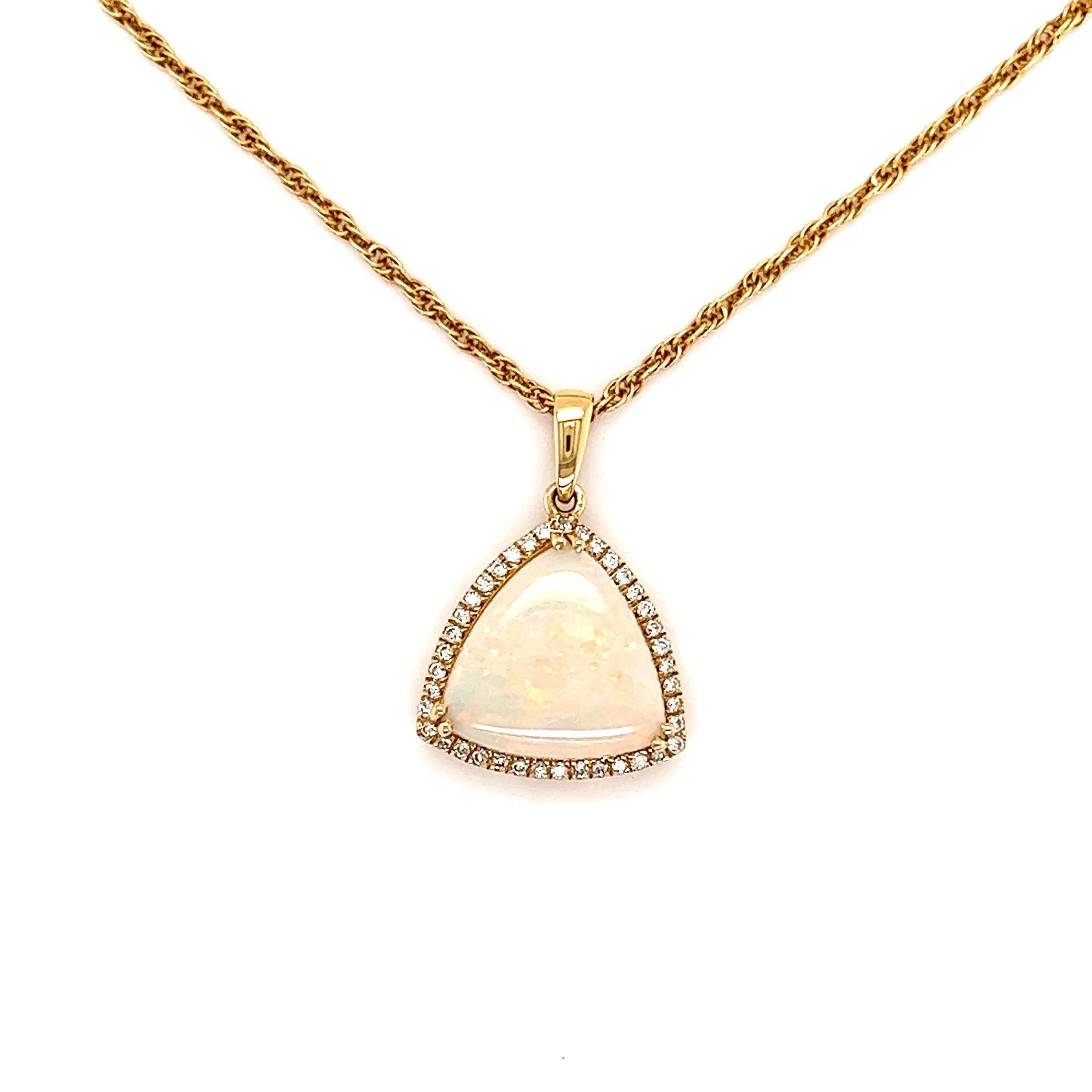 White Opal Pendant with Diamond Halo in 14K Yellow Gold