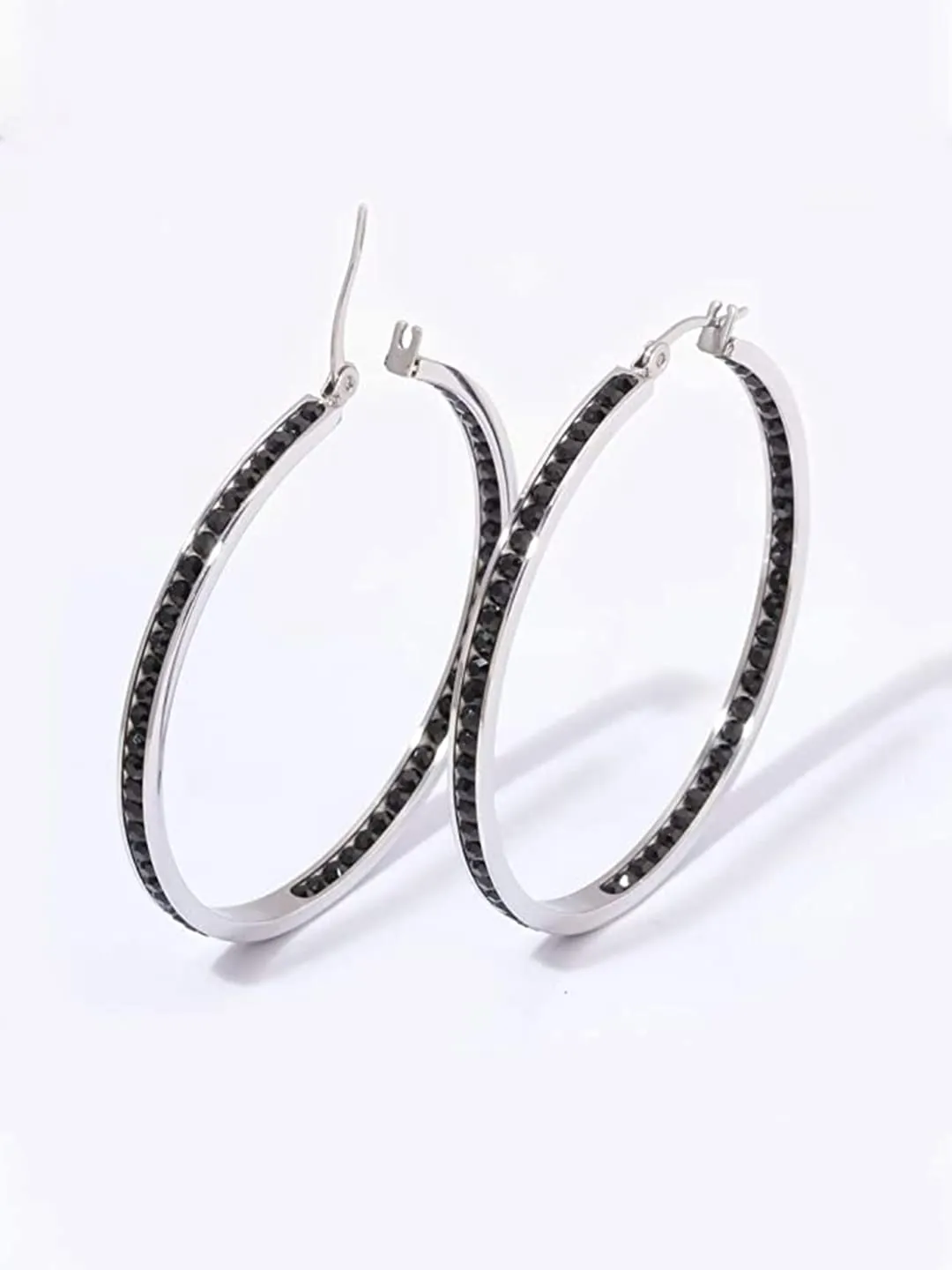 Yellow Chimes Hoop Earrings for Women Black Crystal Studded Silver Plated Hoop Earrings For Women and Girls