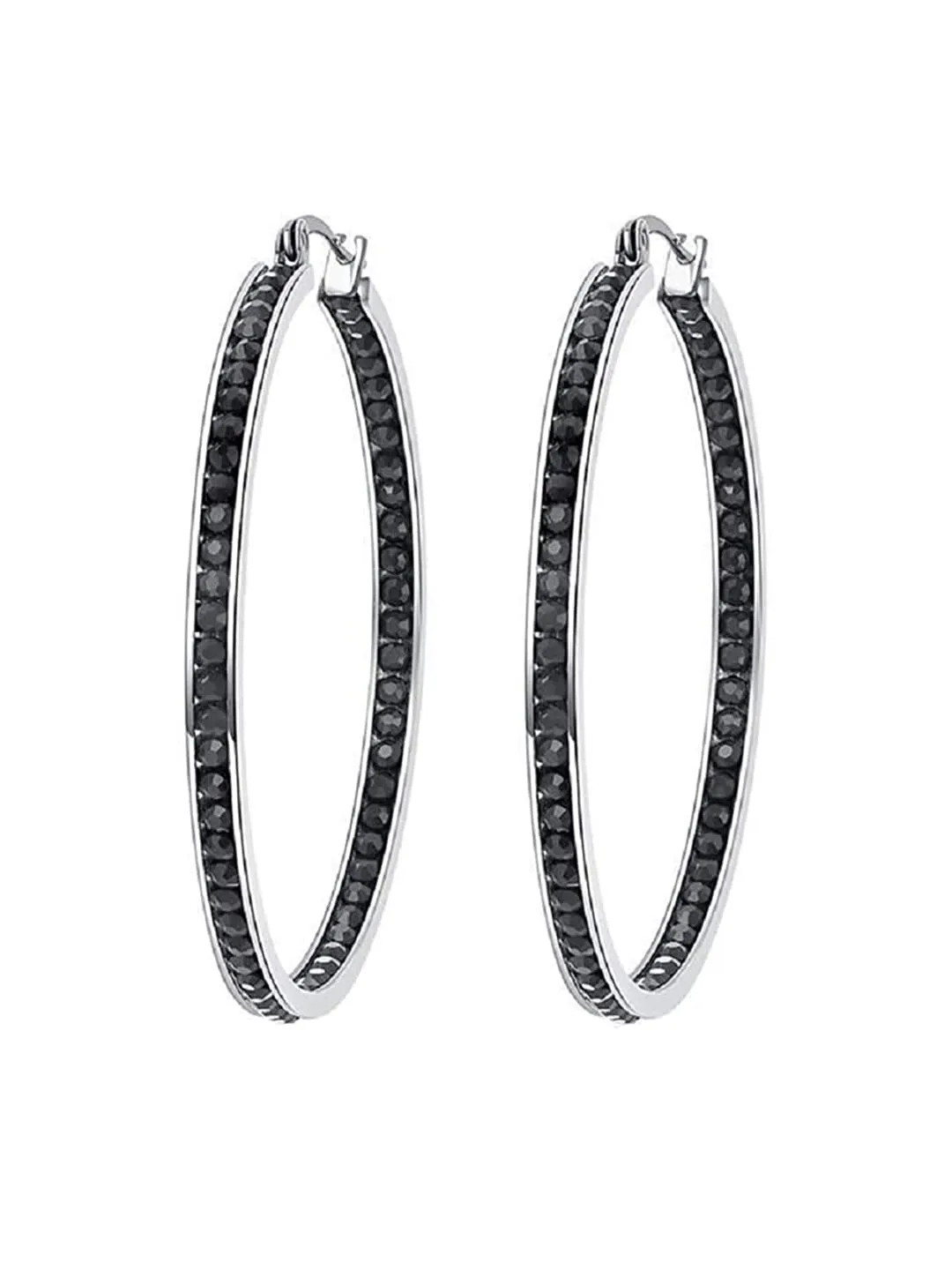 Yellow Chimes Hoop Earrings for Women Black Crystal Studded Silver Plated Hoop Earrings For Women and Girls