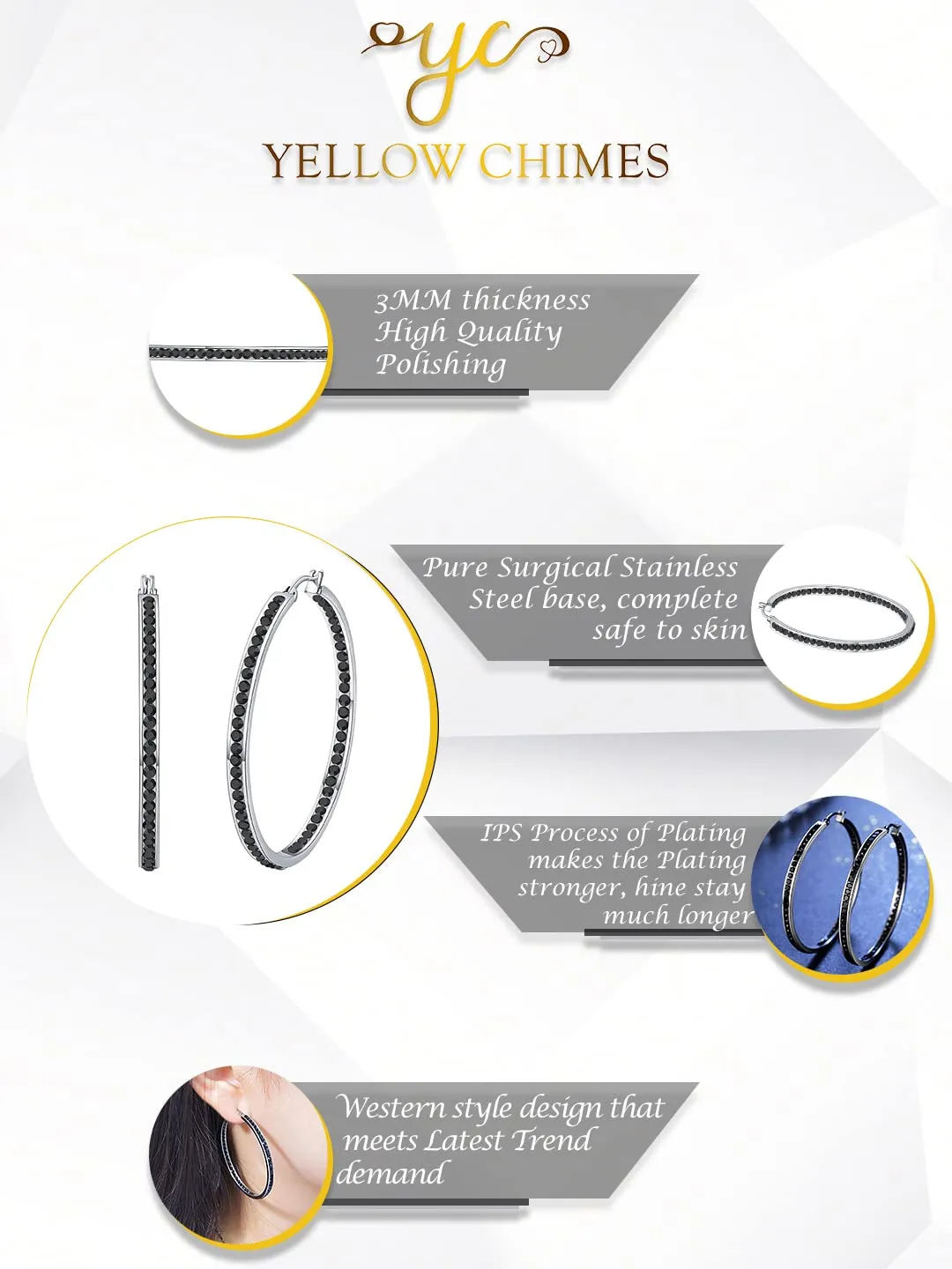 Yellow Chimes Hoop Earrings for Women Black Crystal Studded Silver Plated Hoop Earrings For Women and Girls